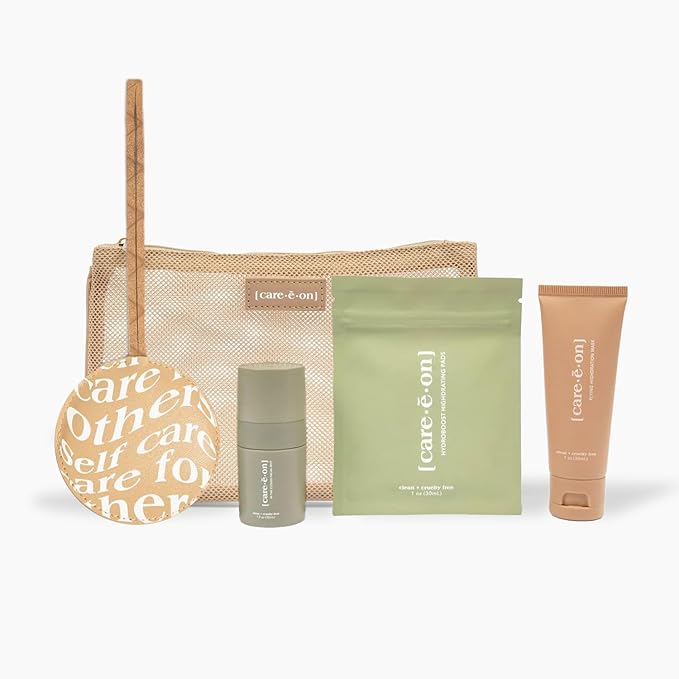 Careeon En Route Essentials Skin Care Kit with Luggage Tag 100% Vegan Leather Minimalistic Loop Design with Clear Window (tan) - Amazon Exclusive