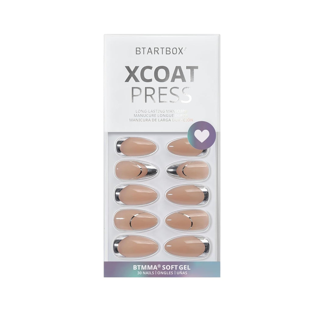 BTArtbox Press On Nails Almond - French Tip Press on nails, Medium Glue On Nails with Nail Glue, Silver Stick On Nails in 16 Sizes - 30 Fake Nails Kit, Zoomers