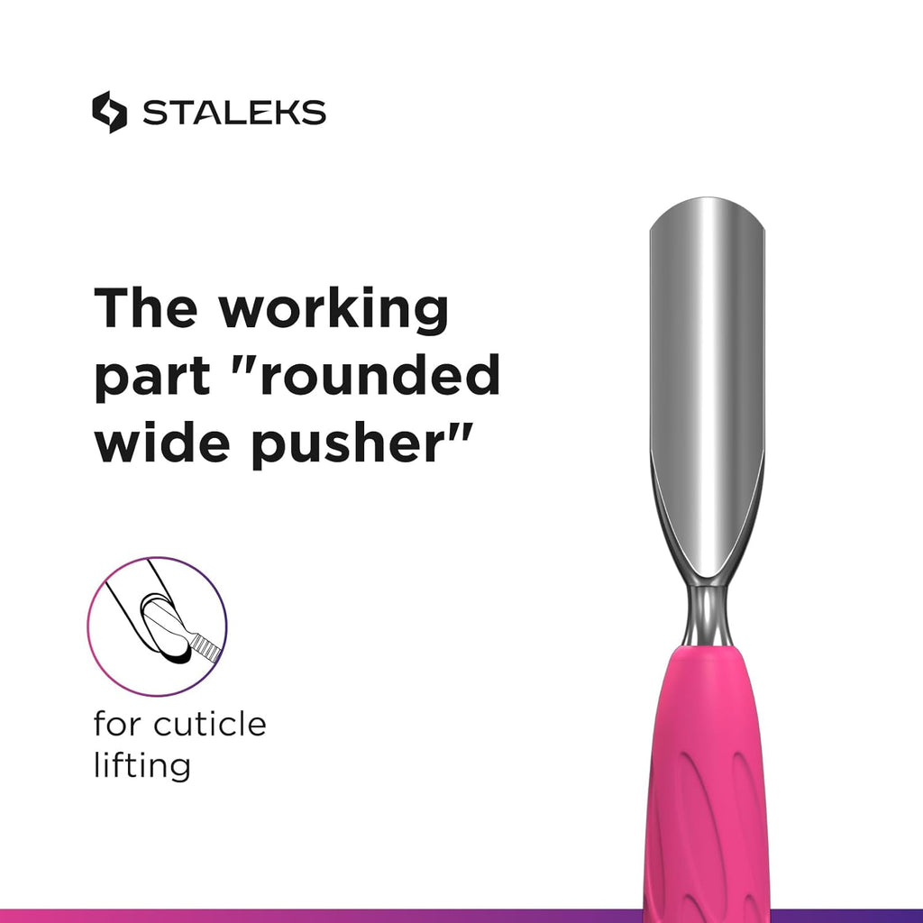 Staleks Manicure pusher Gummy with silicone handle UNIQ 10 TYPE 1 – Stainless Steel – Professional Cuticle Tool (rounded wide and rounded narrow pusher)