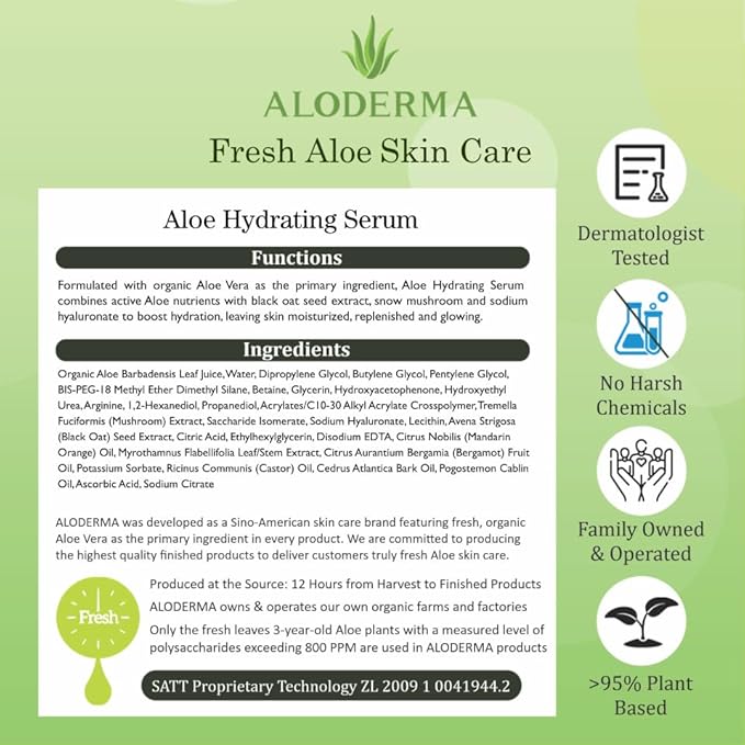 Aloderma Hydrating Aloe Face Serum Made with 69% Organic Aloe Vera - Deep Moisturizing Lightweight Aloe Vera Facial Serum with Hyaluronic Acid for Flawless Skin - Nourishing Serum for Face - 1.7oz