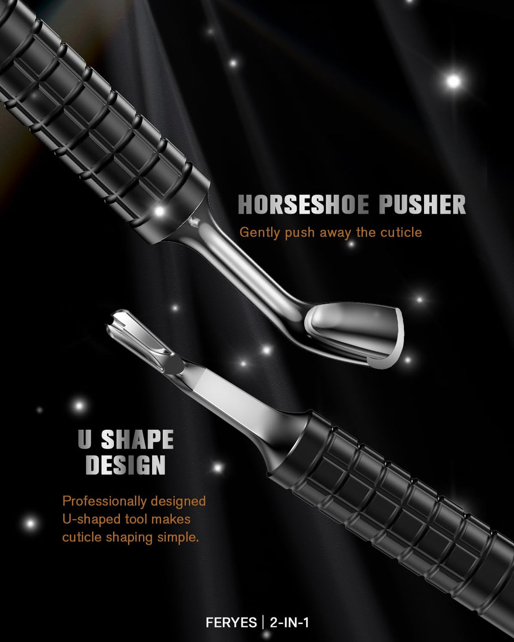 FERYES Upgraded Horseshoe Shape Cuticle Pusher with Fork, 2-in-1 Cuticle Remover Tool, Stainless Steel Cuticle Trimmer Nail Care Tool for Manicures- Black(5.6 Inches）