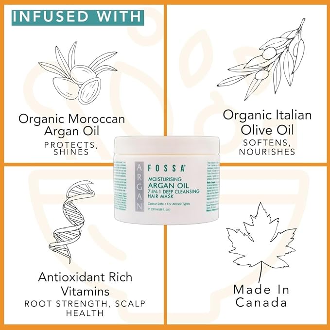 Fossa BEAUTY Moisturizing Argan Oil 7-in-1 Hair Mask | Hair Growth Serum, Shampoo, Conditioner, Detangler, Shine Enhancer & Frizz Reducer | All Hair Types, Colour Safe | 237ml, 8 fl. oz.