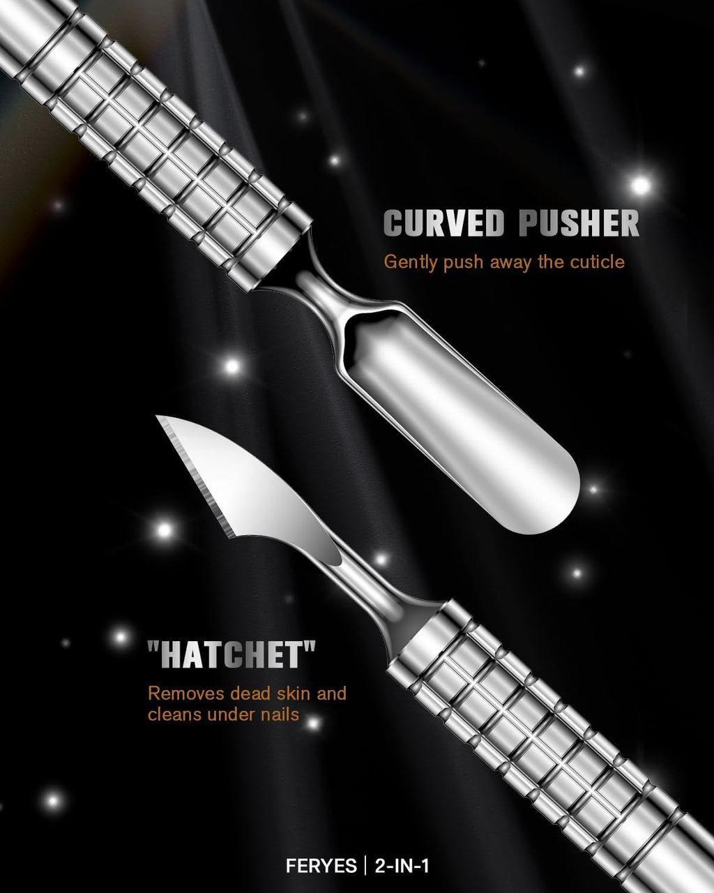 2025 Upgraded Dual Head Cuticle Pusher Remover Tool - Curved & Chisel Edge Stainless Steel, Ergonomic Non-Slip Handle for Professional Salon & Home Manicure Nail