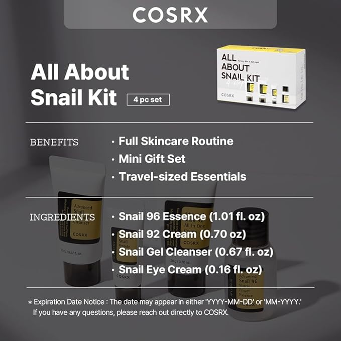 COSRX All About Snail Mucin Korean Skin Care Set, Mini Travel Essentials, Mothers Day Gifts for Mom, Travel Size Gift Set with Snail Mucin Face Wash, Serum, Moisturizer & Eye Cream, Rejuvenating Kit