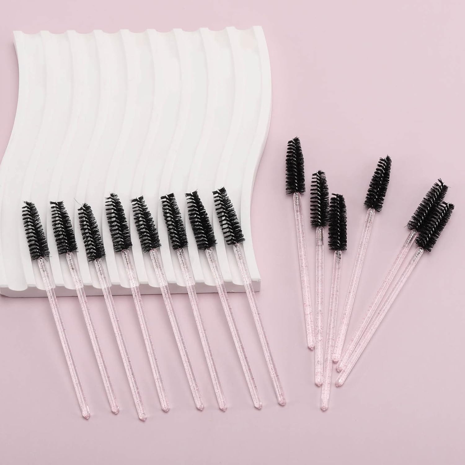 Tbestmax 300 Pcs Disposable Spoolies, Mascara Wand Eyelashes Brushes Applicator for Eyebrow Eye Lash Extension Pink Stick Black Head
