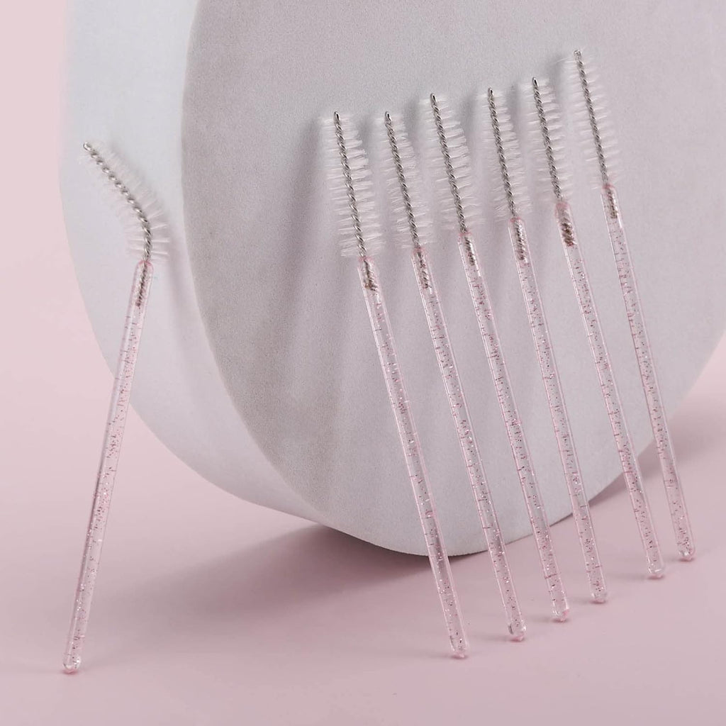 Tbestmax 300 Pcs Disposable Spoolies, Mascara Wand Eyelashes Brushes Applicator for Eyebrow Eye Lash Extension Pink Stick White Head