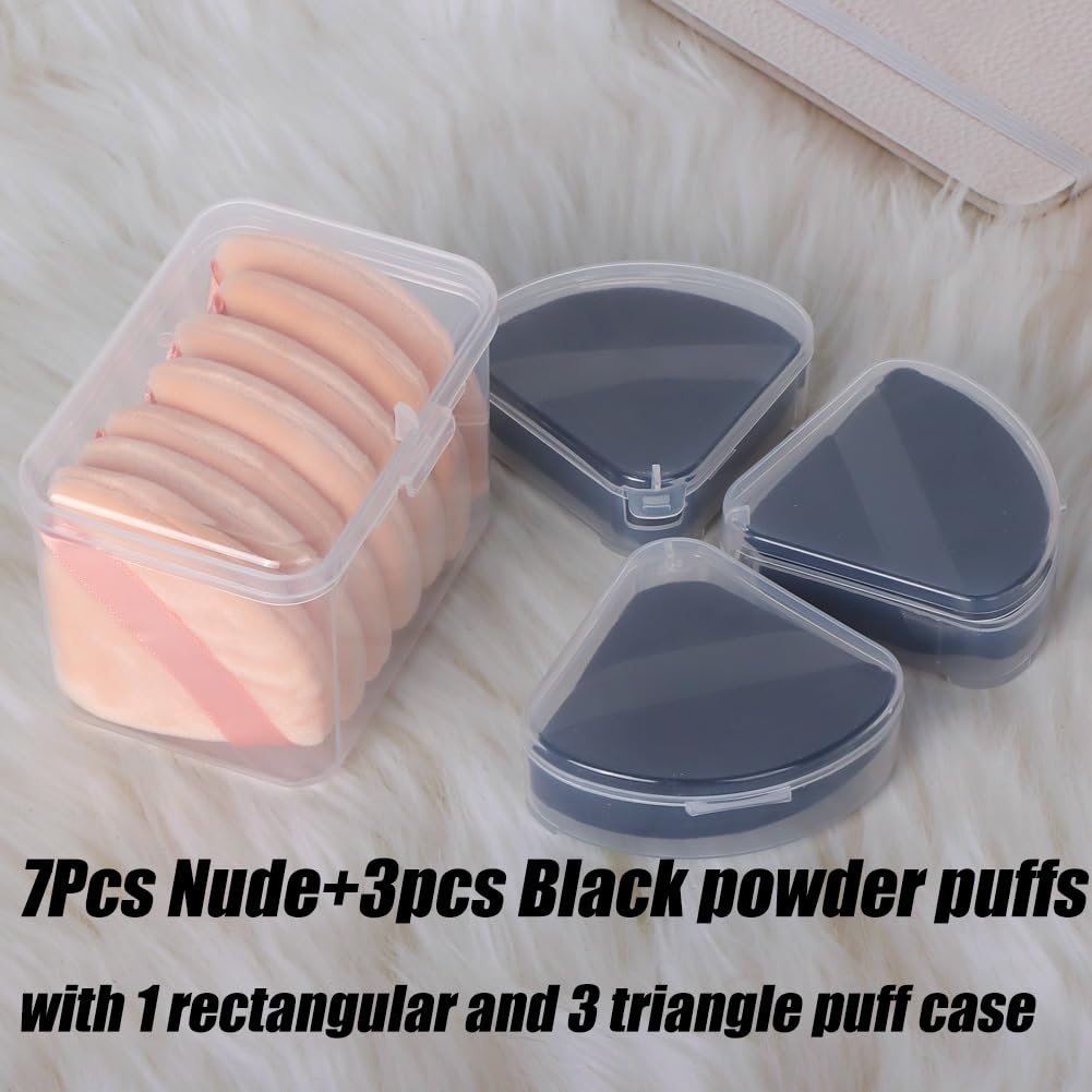 Ocim 10Pcs Triangle Powder Puffs for Face Powder,Soft Velour Triangular Beauty Puff,Makeup Pressed,Baking & Setting Powder Sponge Applicator Pads with Case,Black&Nude