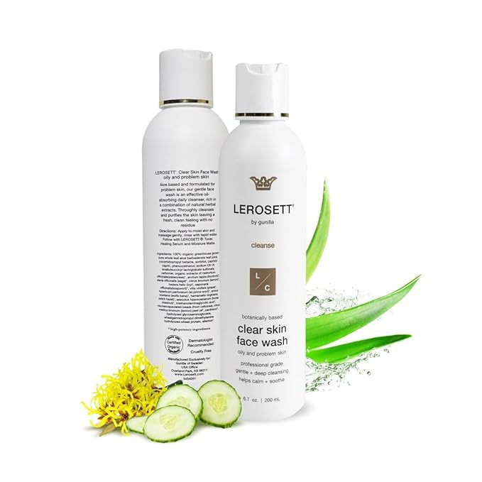 LEROSETT® Clear Skin Face Wash – Gentle Gel Cleanser with 60% Aloe-Rich Botanicals, 4% Glycolic Acid & Vit-E Microbeads – Fights Breakouts, Unclogs Pores, Balances Oil – Spa-Grade, Vegan – 6.7oz