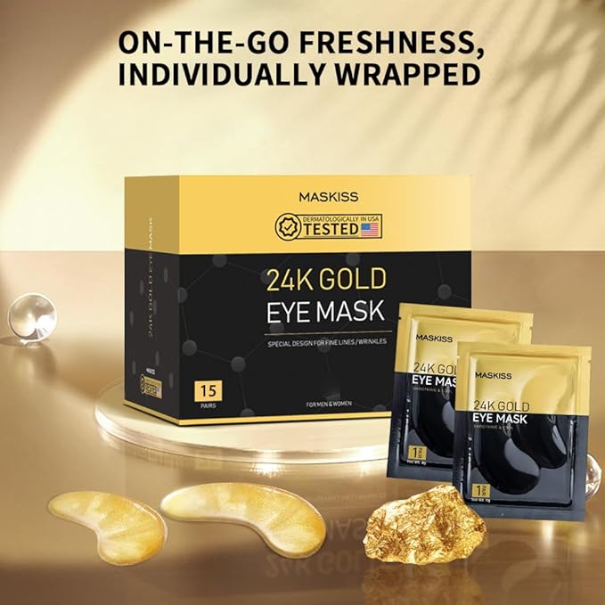 24k Gold Under Eye Patches (15 Pairs), eye mask, Collagen Skin Care Products, Eye Patches for Puffy Eyes, eye masks for dark circles and puffiness