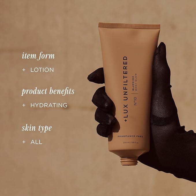 '+ Lux Unfiltered N°10 Blurring Body Glow Lotion - Instant Body Shimmer Lotion that Blurs Imperfections and Hydrates with Shea Butter, Squalane & Vitamin C - Vegan, Cruelty Free, Fragrance Free