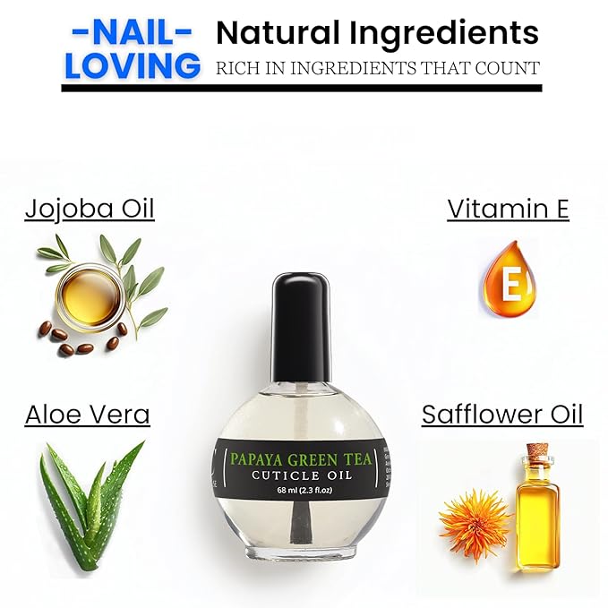 Moisturizing Cuticle & Nail Care Oil 2.3 Fl Oz - Papaya Green Tea Scented – Infused with Jojoba Oil, Aloe, Vitamin E – Nail & Cuticle Hydration, Repair, Moisturizer, Strengthener, Growth