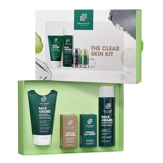 Mens 4-Piece Skin Kit for Clearer Skin, Targets Blemishes, Vegan Formula with Daily Face Wash, Clarifying Toner, Purifying Mask & Moisturiser Stick. Aka. SHAKEUP CLEAR SKIN KIT