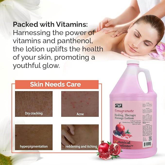 PRO NAIL - Healing Therapy Massage Lotion - Professional Pedicure, Body and Hot Oil Manicure, Infused with Natural Oils, Vitamins, Panthenol and Amino Acids (Pomegranate, 1 Gallon)