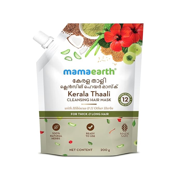 MAMAEARTH Kerala Thaali Cleansing Hair Mask for Thick & Long Hair | with Hibiscus, Shikakai, Amla, Flaxseed | Ready To Use Thali | Gently Cleanses with 12 Herbs | 7.05 Oz/200 g