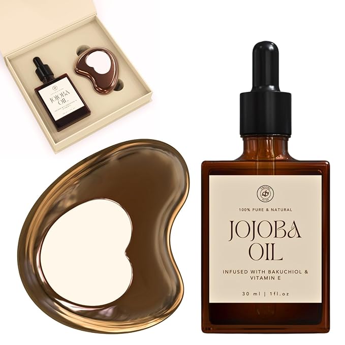Gua Sha Facial Tools and Gua Sha Oil Skincare Gift Set - Gua Sha Set Consists of 100% Pure Jojoba Oil with Bakuchiol Serum and Vitamin E (30ml), and Stainless Steel Cryo Guasha Tool for Face by TRIONI