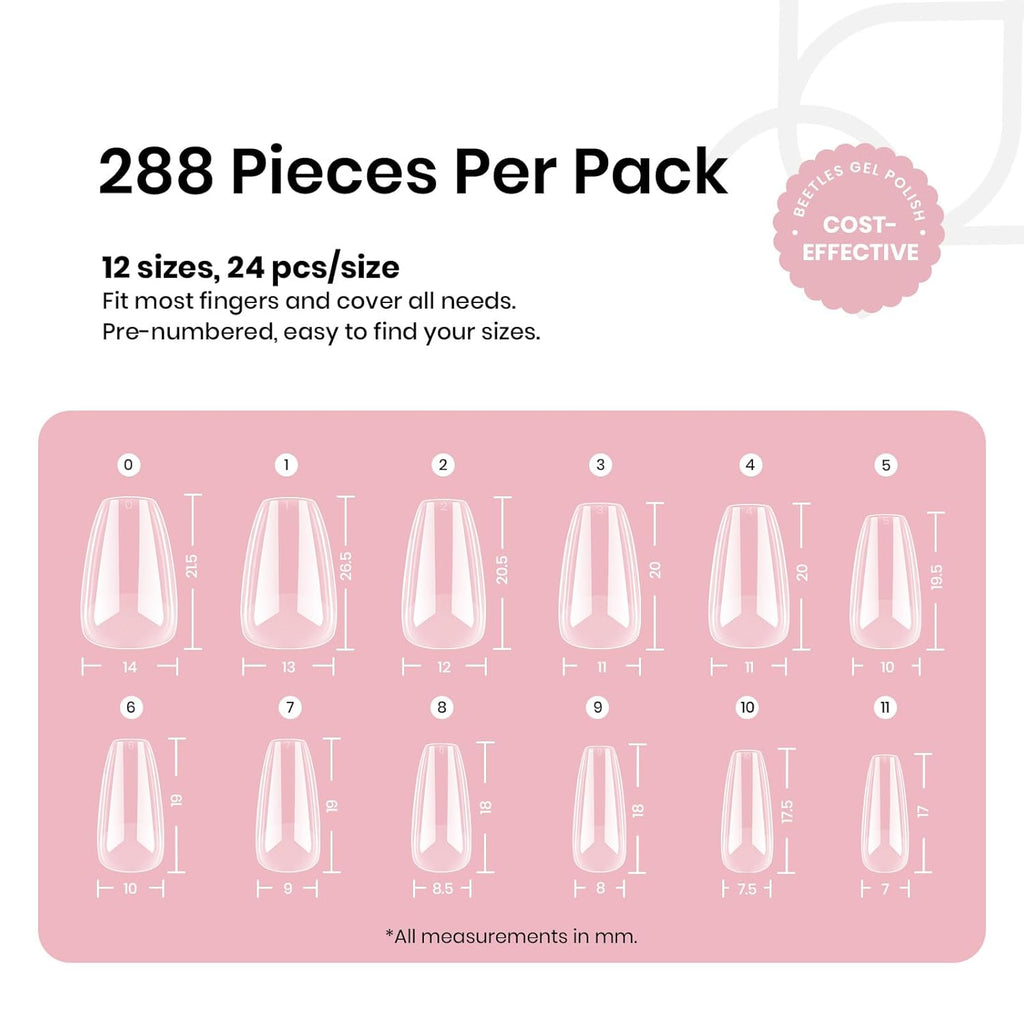 Beetles Gel Nail Tips Short Coffin Pre-Etched Nail Tips, 12 Sizes 288 Pcs Full Cover Soft Tips Half Matte False Nails Clear Acrylic Glue on Nails Extension DIY Manicure Gifts for Women