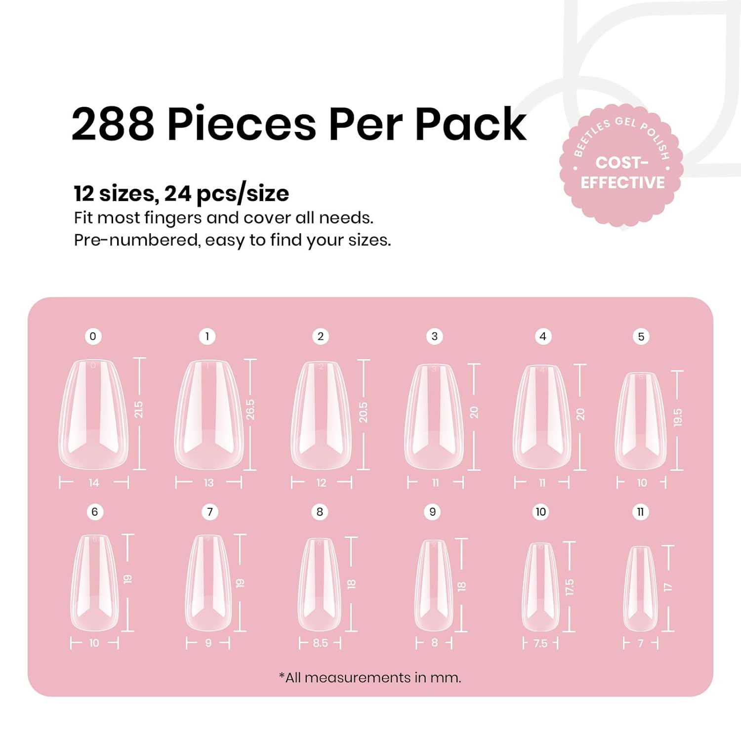 Beetles Gel Nail Tips Short Coffin Pre-Etched Nail Tips, 12 Sizes 288 Pcs Full Cover Soft Tips Half Matte False Nails Clear Acrylic Glue on Nails Extension DIY Manicure Gifts for Women