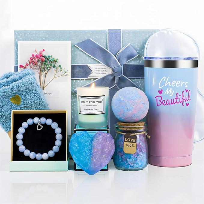 Gift Basket,Get Well Soon Gifts for Women,Relaxing Spa Gift Basket Set,Birthday Gifts for Women,Gift Basket Set for Mom Sister Best Friend Teacher Nurse Cowoker,Blue and Pink Gift Basket