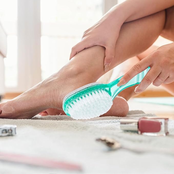 4 Pcs Foot Brush for Shower with Handle 2 in 1, Ooloveminso Large Foot Pumice Stone Brush Scrubber Foot File Calluses Remove Suitable for Horniness Foot Spa, Foot Care Smooth Skin (Green)