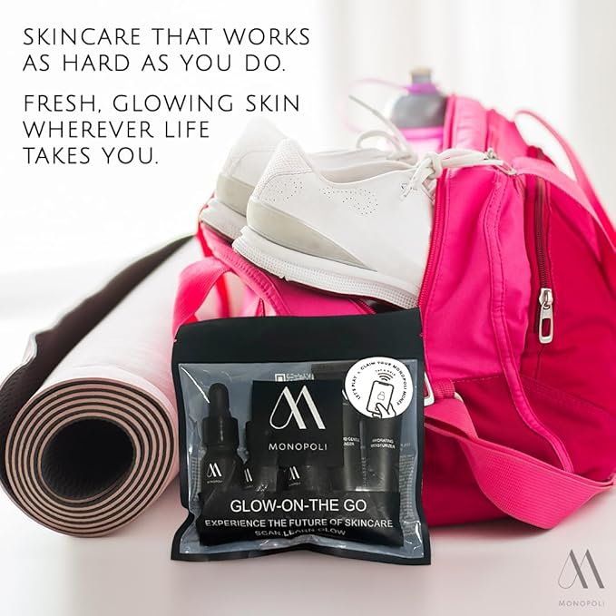 Monopoli Skin Travel Skincare Set | Airplane-Friendly Sizes | Complete Facial Skin Care Kit with BHA Serum, Vitamin C, Moisturizer & Cleanser | Essentials & Gift Set for Women & Teens | 15 Kits