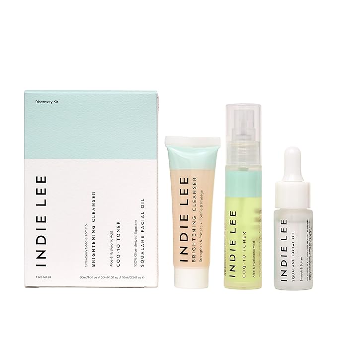 Indie Lee Discovery Gift Set - Travel Size Toiletries Skincare Set with Brightening Cleanser, CoQ-10 Toner + Squalane Facial Oil - Skin Care Kit for Adults (3-Piece Travel Size Set)