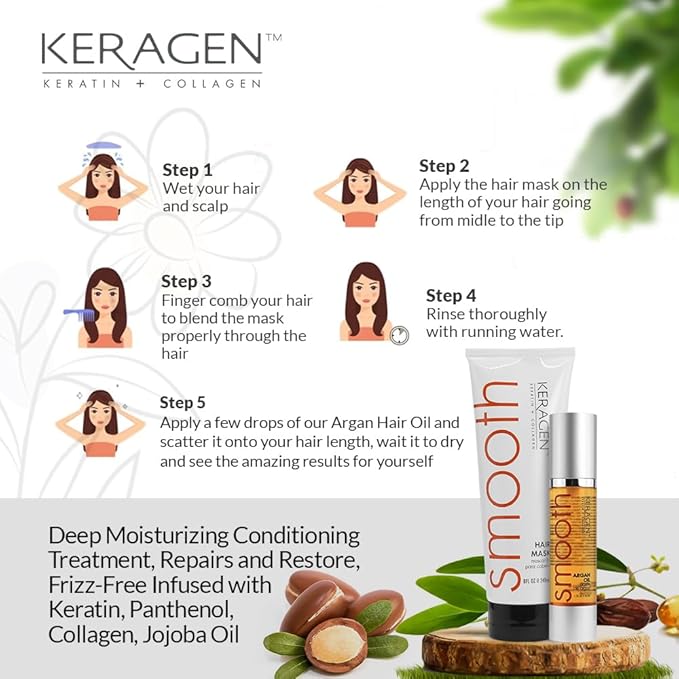 KERAGEN Hair Care Duo: Mask for Dry Damaged Hair (8 Oz) + Moroccan Argan Oil (1.7 Oz) - Deep Conditioning, Frizz-Free, Anti-Frizz Serum, Brilliant Shine, Hydrates, Seals Cuticles