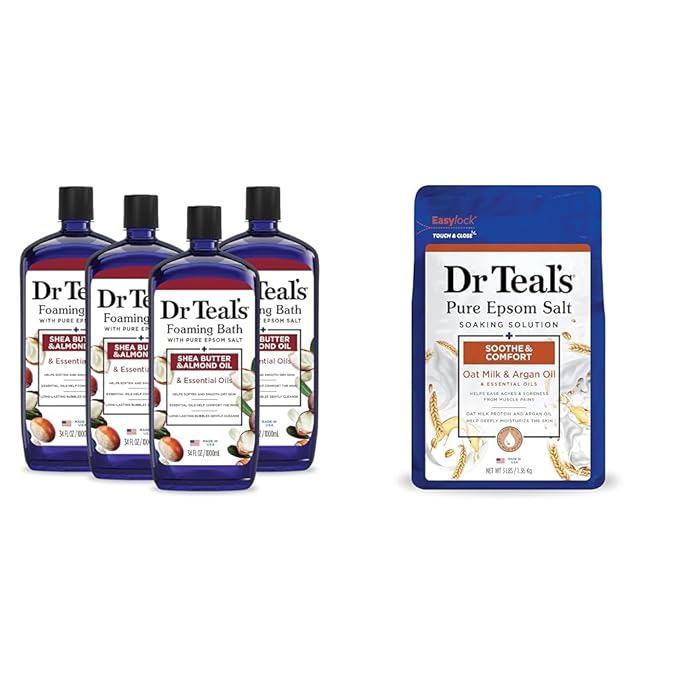 Dr Teal's Foaming Bath with Pure Epsom Salt, Shea Butter & Almond, 34 fl oz (Pack of 4) (Packaging May Vary) & Pure Epsom Salt Soak, Soothe & Comfort with Oat Milk & Argan Oil, 3 lbs