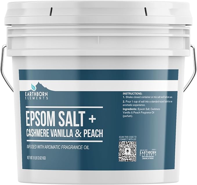 Earthborn Elements Cashmere Vanilla & Peach Epsom Salt 8 lb, One Gallon Bucket, Pure & Undiluted, Soaking Salt with Fragrance