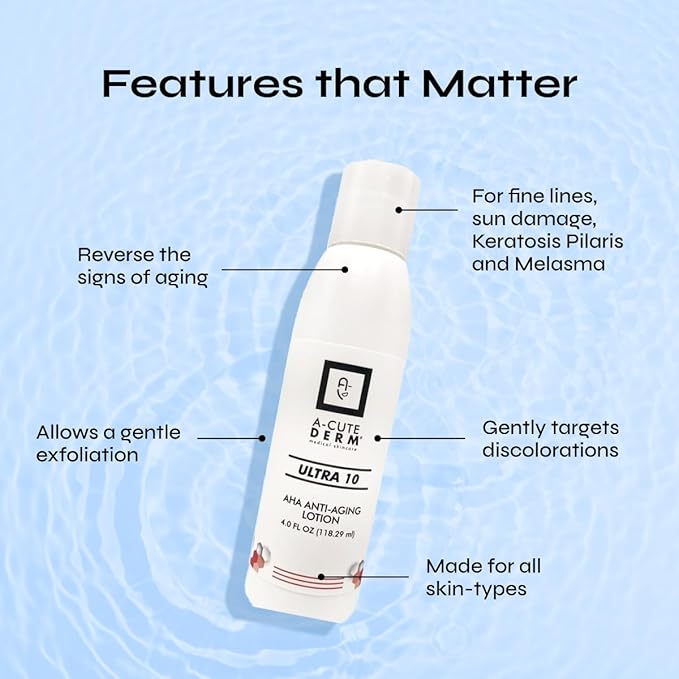 A-Cute Derm Ultra 10 AHA Anti-Aging Lotion for Exfoliation Simple and Effective for Face and Body (4 OZ)