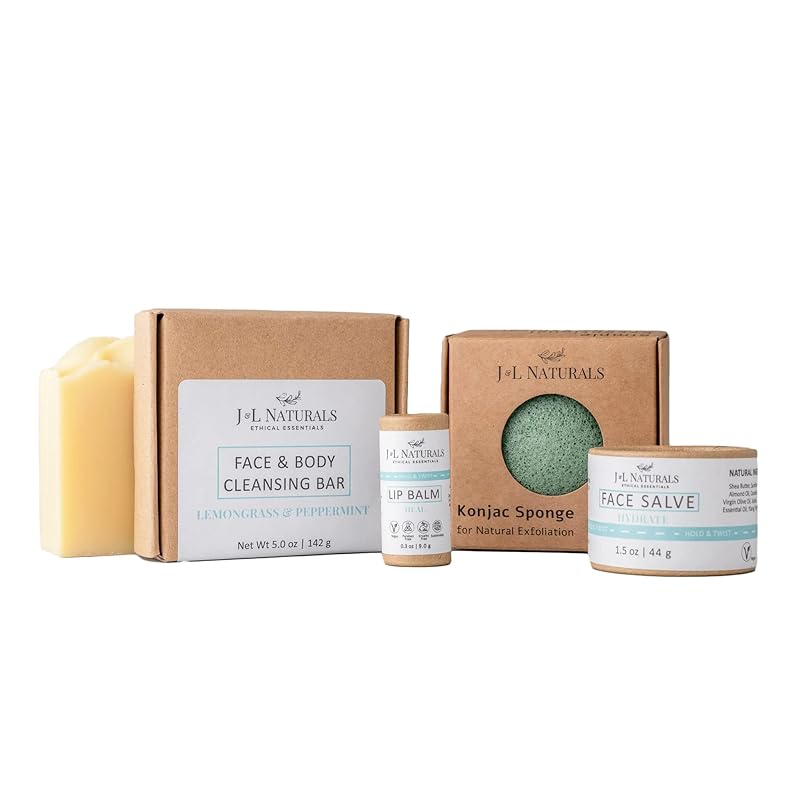 J&L Naturals Simple Skin Regimen Kit With Cleansing Bar, Face Salve, Konjac Sponge, Lip Balm | For Oily, Dry, Mature, and Combination Skin | Zero Waste (Hydrate (dry skin), Simple)