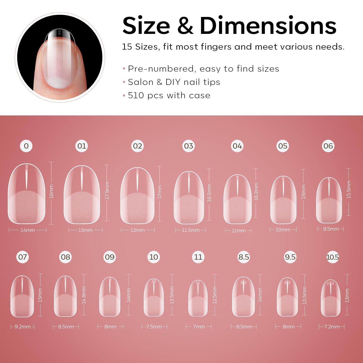 Modelones Extra Short Oval Round Nail Tips - 510Pcs Soft Fake Nails Tips Gel Pre-shaped Half Matte Full Cover No Filed False Extension Manicure Salon DIY at Home 15 Sizes
