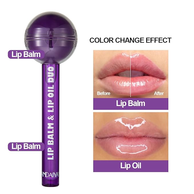 Lip Gloss and Lip Balm Combo, Magic pH Color Changing Lipstick & Vitamin E Clear Lip Oil Combo, Hydrating Plumping Lip Care Product for Girls (Purple)