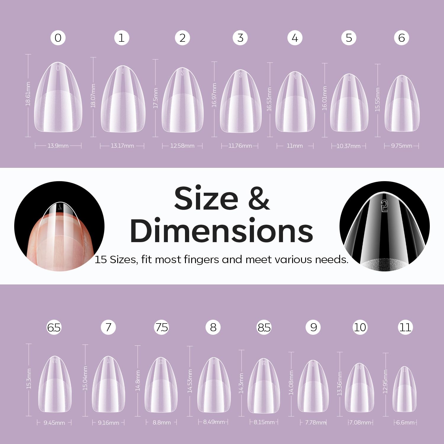 Modelones Extra Short Almond Fake Nail Tips - 510Pcs Gel Tips Pre-shaped Half Matte Full Cover Clear Acrylic Gel Kit False Press on Nails for Extension DIY Salon 15Sizes
