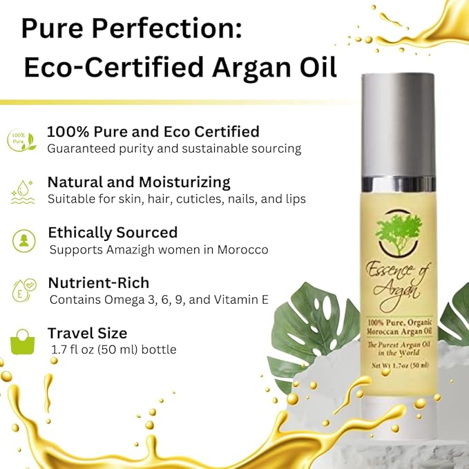 Essence of Argan 100% Pure Moroccan Organic Argan Oil - Natural EcoCert Oil that Nourishes and Conditions Your Skin, Hair and Nails (50ml/1.7oz)