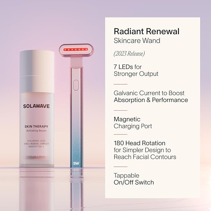 Solawave Red Light Therapy Starter Kit | 4-in-1 Radiant Renewal Wand, Serum and Refill Bundle | Anti-Aging Facial Device with Skin Therapy Activating Serum for Microcurrent and Galvanic Current