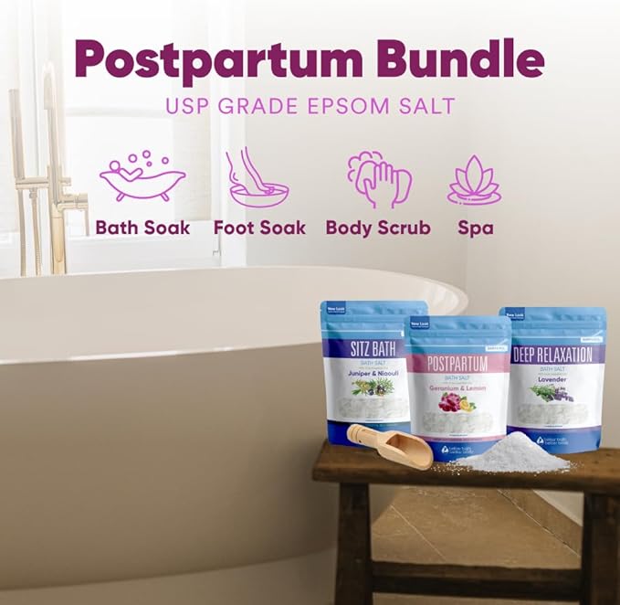 Postpartum Bath Bundle (3 Pack of 2 Lbs Total 6 Lbs with Scoop) Soothing Soaks with Sitz Salt and Deep Relaxation Bath Salt with Natural Pure Essential Oils in BPA Free Pouch Made in USA