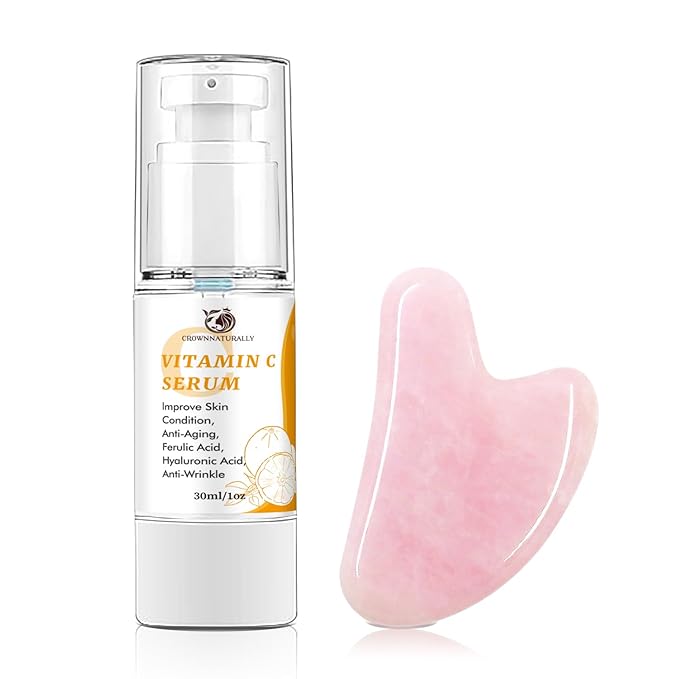 Skin Care Vitamin C Face Serum 1.05oz and Gua sha Facial Tool for Face with Hyaluronic Acid,Hydrolyzed Collagen and Aloe Leaf Extract, Anti-Aging Serum for Wrinkles & Dark Spot