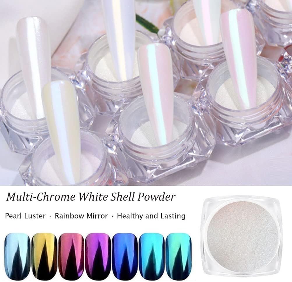 7 Colors Chrome Nail Powder Aurora Metallic Holographic Mirror Effect Dip Nail Powder Kit, White Pearl Iridescent Shell Powder Glitter Nail Art Pigment Manicure for Nails