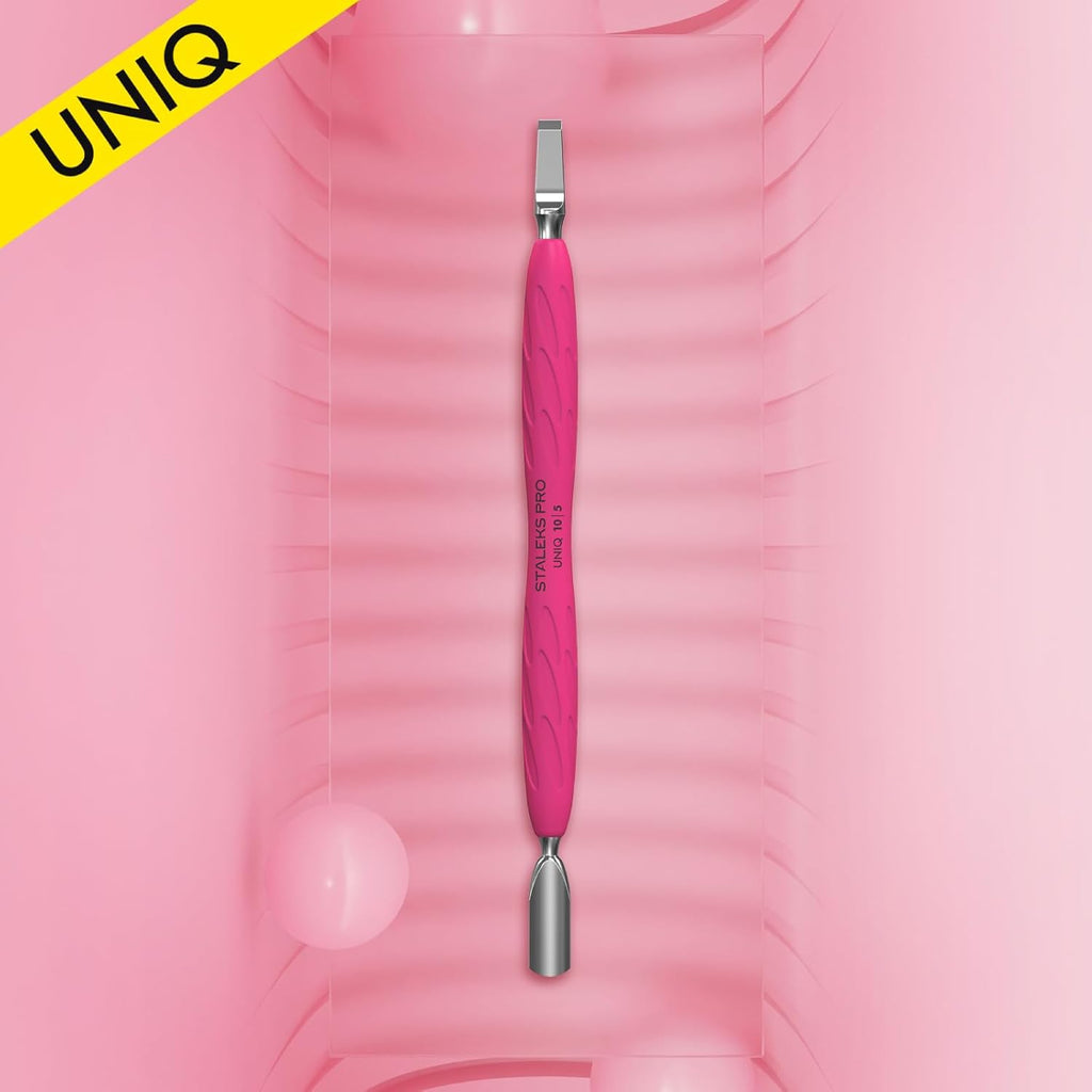 Staleks Manicure pusher Gummy with silicone handle UNIQ 10 TYPE 5 – Stainless Steel – Professional Cuticle Tool (rounded narrow pusher and straight blade)