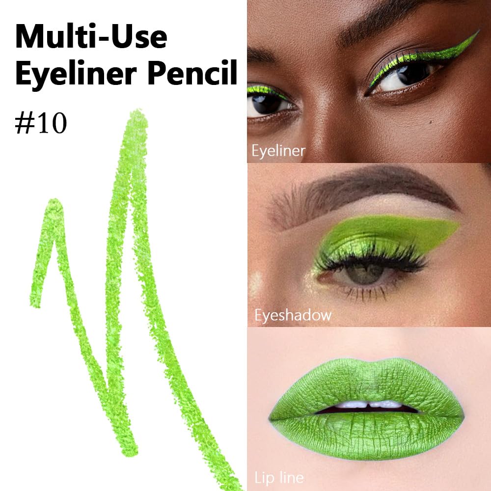 evpct Green Glitter Eyeliner Pencil for Eyes, Apple Avocado Green Metallic Shimmer Eye Liner Pencil Makeup Waterproof Smudge Proof, Colored Gel Waterline Eyeliner Face Eye Paint Stick Halloween Makeup