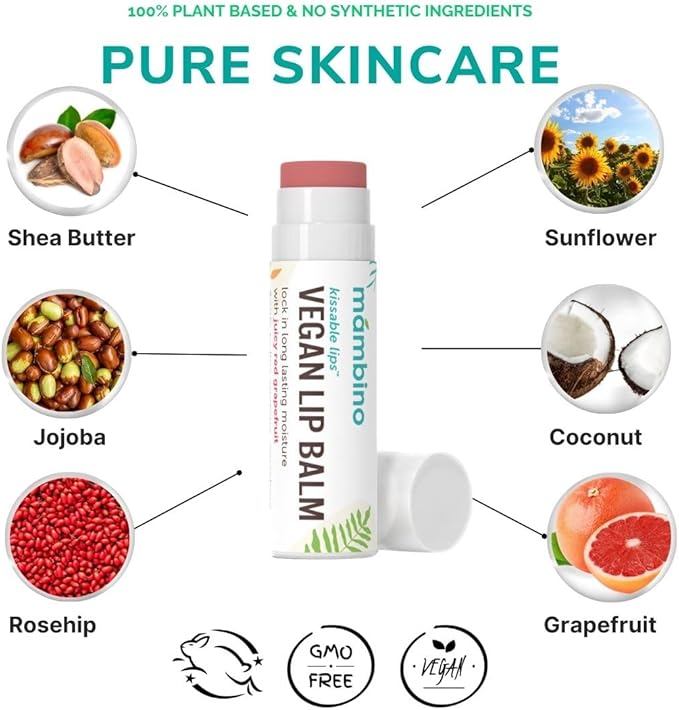 Mambino Organics Kissable Lip Balm, Moisturizing Glossy Vegan Lips, Juicy Red Grapefruit, 7 g