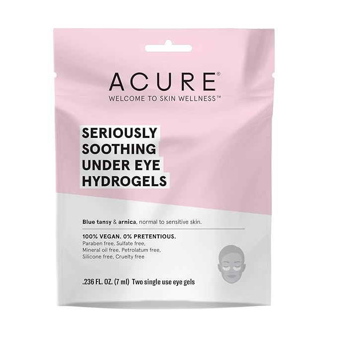 Acure Seriously Soothing Under Eye Hydrogels, 100% Vegan, For Dry to Sensitive Skin, Blue Tansy & Arnica - Soothes & Minimizes Dark Circles, Two Single Use, 0.24 Fl Oz