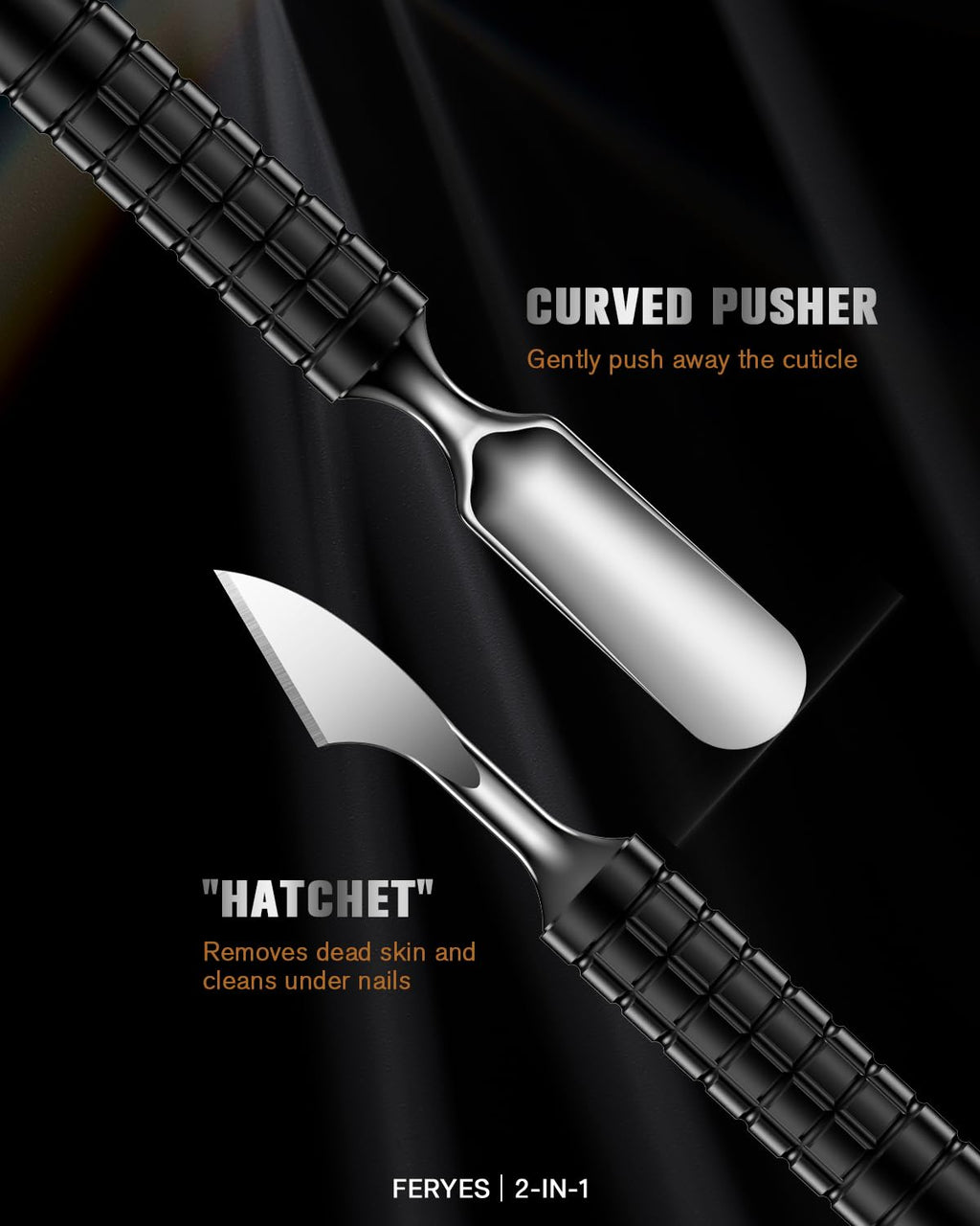 FERYES Upgraded Dual Head Cuticle Pusher Remover Tool - Curved & Chisel Edge Stainless Steel, Ergonomic Non-Slip Handle for Professional Salon & Home Manicure Nail-Black