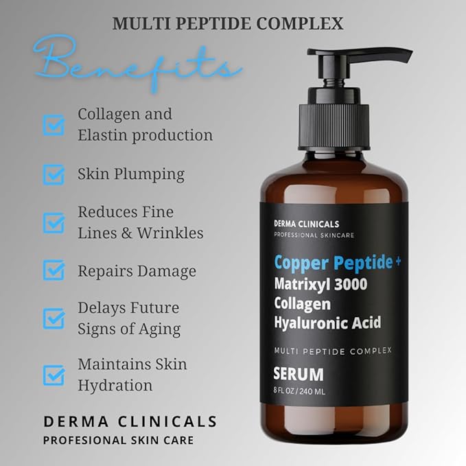 Copper Peptide + Matrixyl 3000, Collagen, Hyaluronic Acid Serum for face, Multi Peptide Firming and Plumping Serum, Anti-Wrinkle, Anti-Aging Face Serum - 8oz