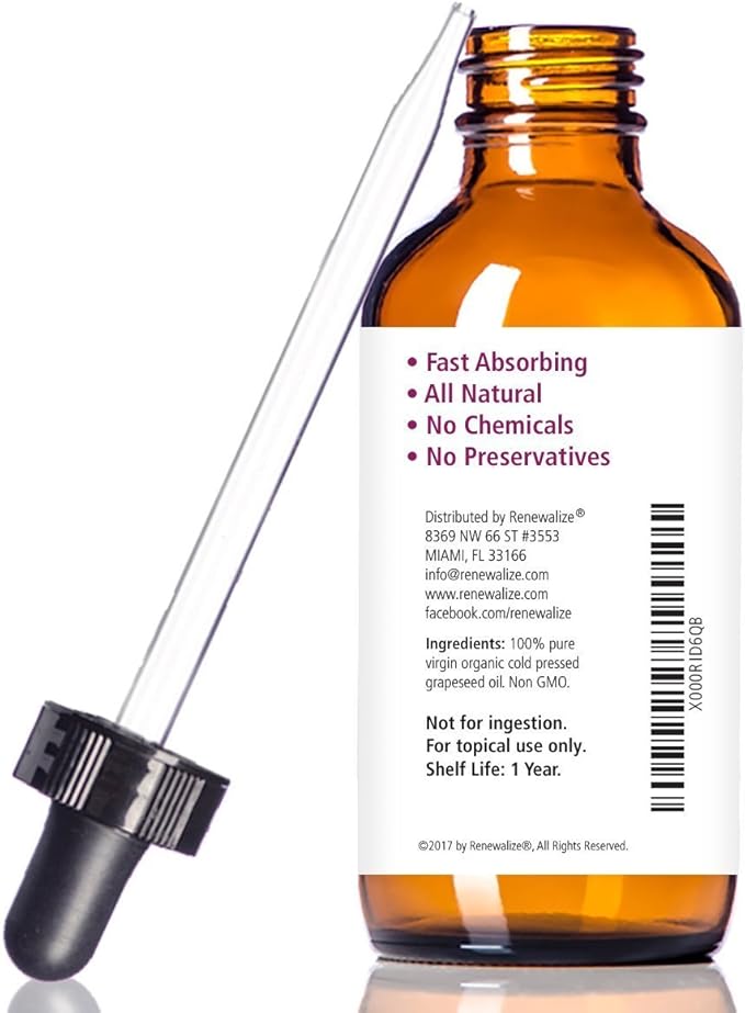 ORGANIC GRAPESEED OIL Anti-Aging Moisturizer - Facial Cleanser in 4 oz Glass Bottle | Unrefined, Cold Pressed Grape Seed Oil | Essential to Reduce Skin Wrinkles and Stretch Marks