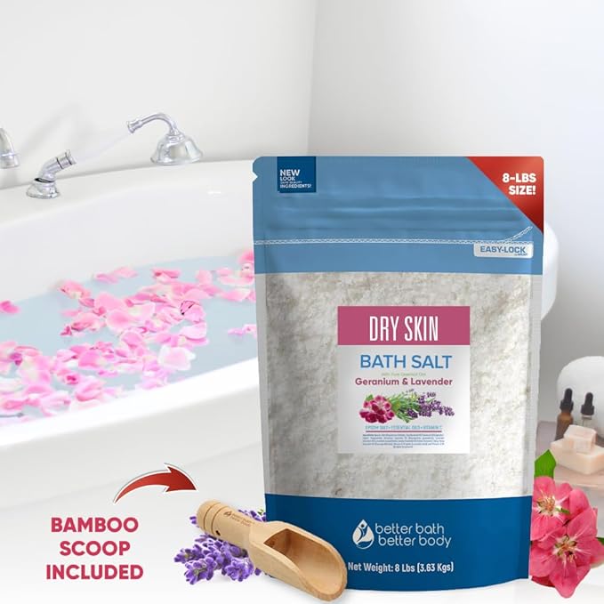 Dry Skin Bath Salt 128 Ounces Epsom Salt with Natural Geranium, Lavender, Ylang Ylang, and Lemon Essential Oils Plus Vitamin C in BPA Free Pouch with Easy Press-Lock Seal