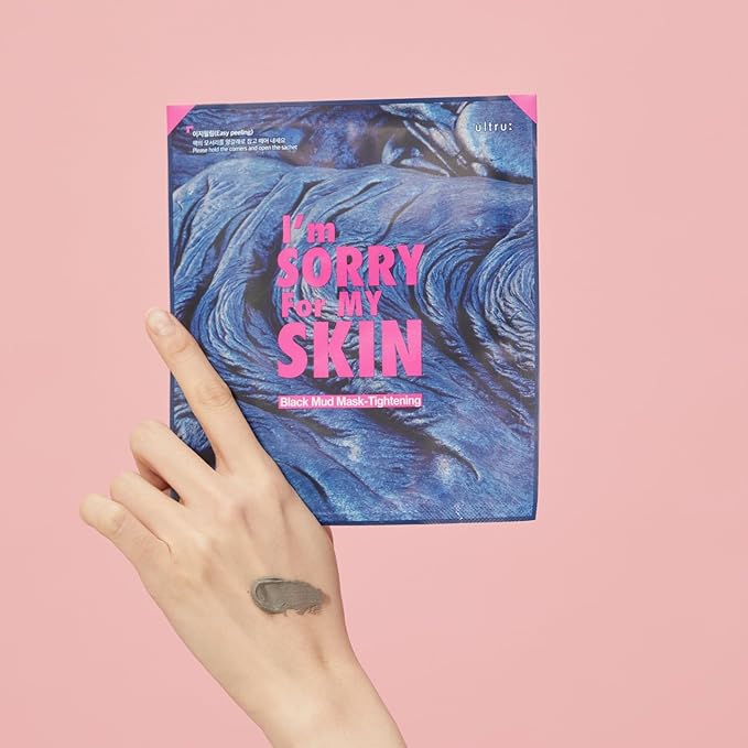 I'M SORRY FOR MY SKIN Bentonite Clay Mud Sheet Masks Set, Korean Skin Care, Exfoliating Face Masks with Volcanic Ash, Sebum Control, Pore Minimizer, Tightening, Soothing (Black 2pcs & Green 2pcs)