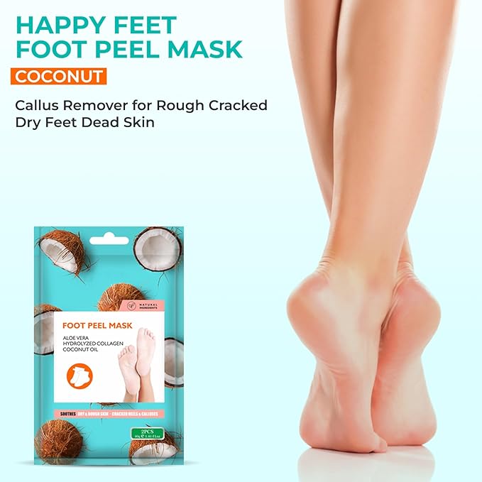 Happy Feet Foot Peel Mask Coconut, 03 Packs Original Exfoliant Foot Peel Mask, Callus Remover for Rough Cracked Dry Feet Dead Skin