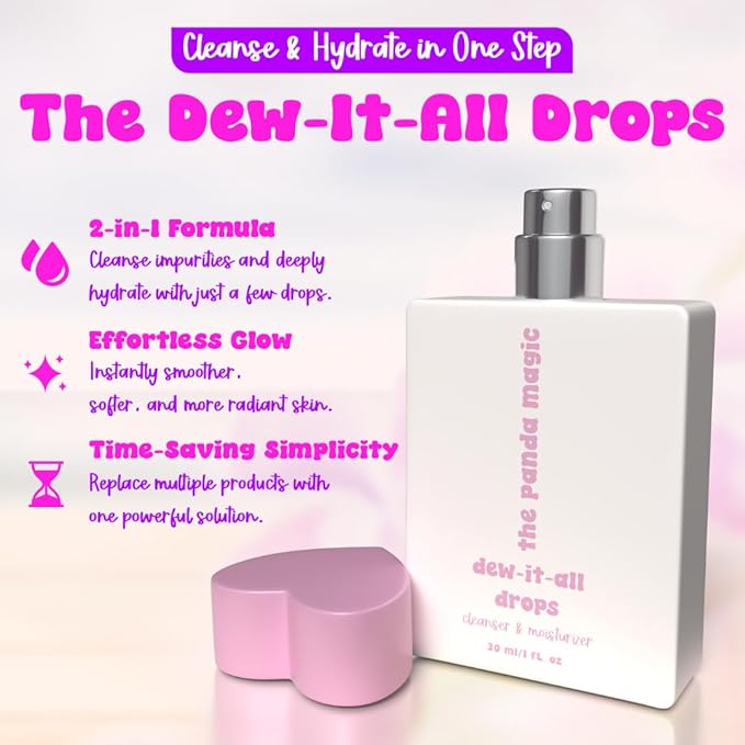 Dew-It-All Drops - Organic Face Cleanser & Moisturizer In One - Lightweight Hydrating Facial Oil for Glowing Skin – Natural Makeup Remover & Anti-Aging Serum - All Skin Types 30mL