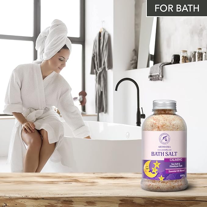 Calming Bath Salts 21.16 Oz - w/Sandalwood & Lavender & Bergamot Essential Oils - Natural Bath Sea Salts 600g - Good for Bath- Good Sleep - Relaxing - Body Care - Beauty - Aromatherapy